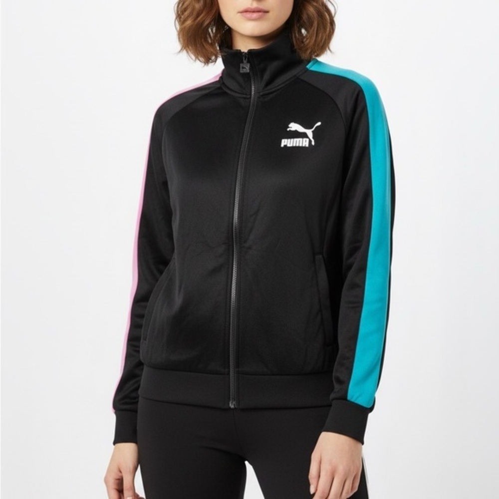 Puma Black Bomber Jacket with Pink and Blue Stripes M